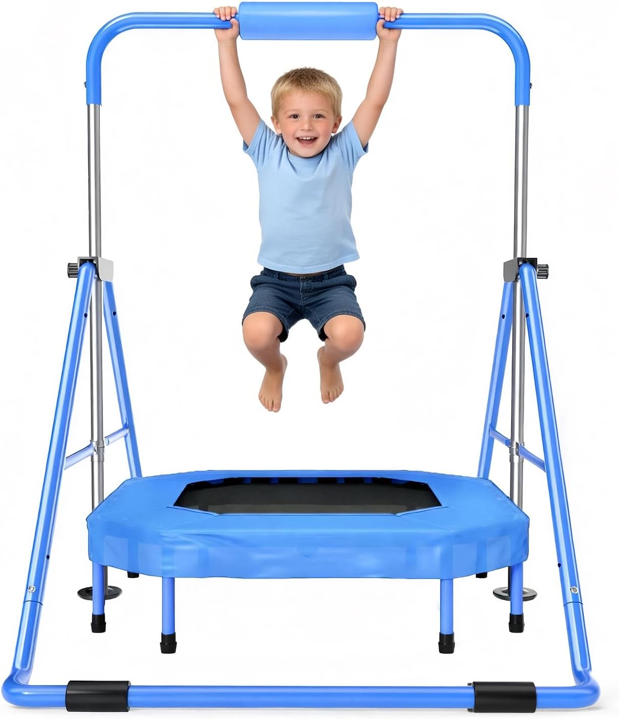 Safly Fun Foldable Gymnastics Bar with Trampoline for Kids, Adjustable 35"-51", Sturdy 145 lbs Capacity, Easy-to-Assemble, Gymnastics Equipment for Kids for Indoor/Outdoor Training