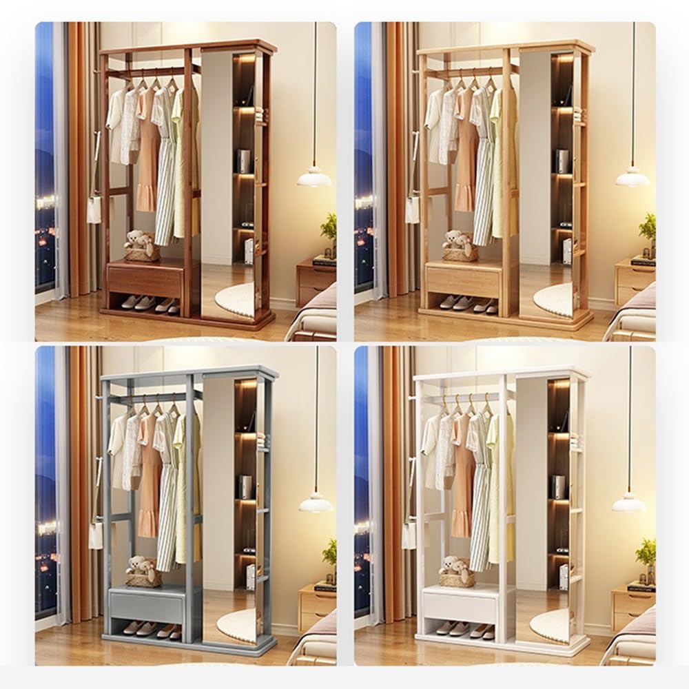 Perchero Colgador de Ropa Madera Maciza, Espejo tocador, Suelo Dormitorio, Giratorio, Multifuncional, con cajón, Perchero, Zapatero(Walnut)