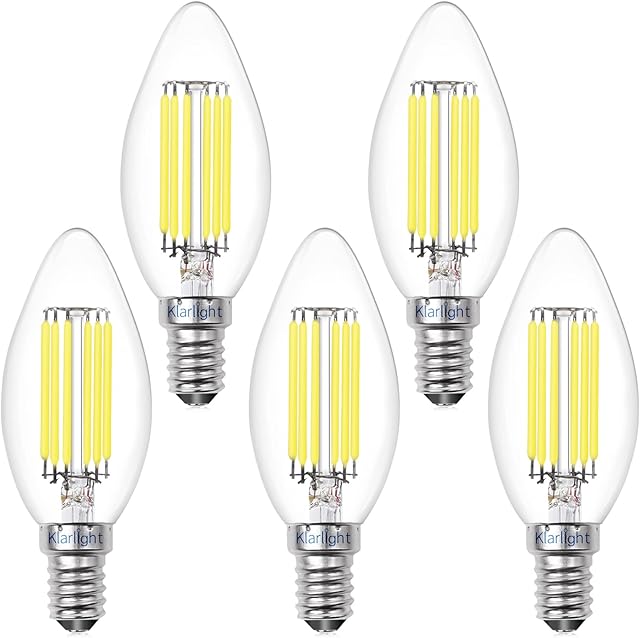 Klarlight E14 LED Candle Filament Light Bulb 6W Dimmable Cool White 6000K 40-50W Incandescent Bulbs Equivalent C35 SES Small Edison Screw for Chandelier, Pendants Light (5 Packs)