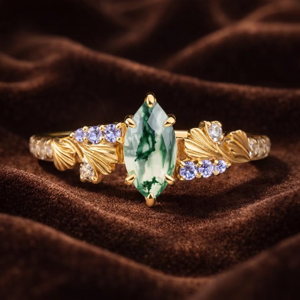 14K Yellow Gold Moss Agate Engagement Ring Leaf Ring with Lavender Accent Stones Vintage Alternative Promise Art Deco Jewelry Gift for Her