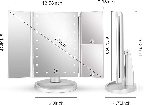 Vista 16 de Espejo cosmético con tres pliegues DeWEISN con 21 luces LED para iluminación, pantalla táctil y ampliación de 3X/2X/1X, dos modos de suministro