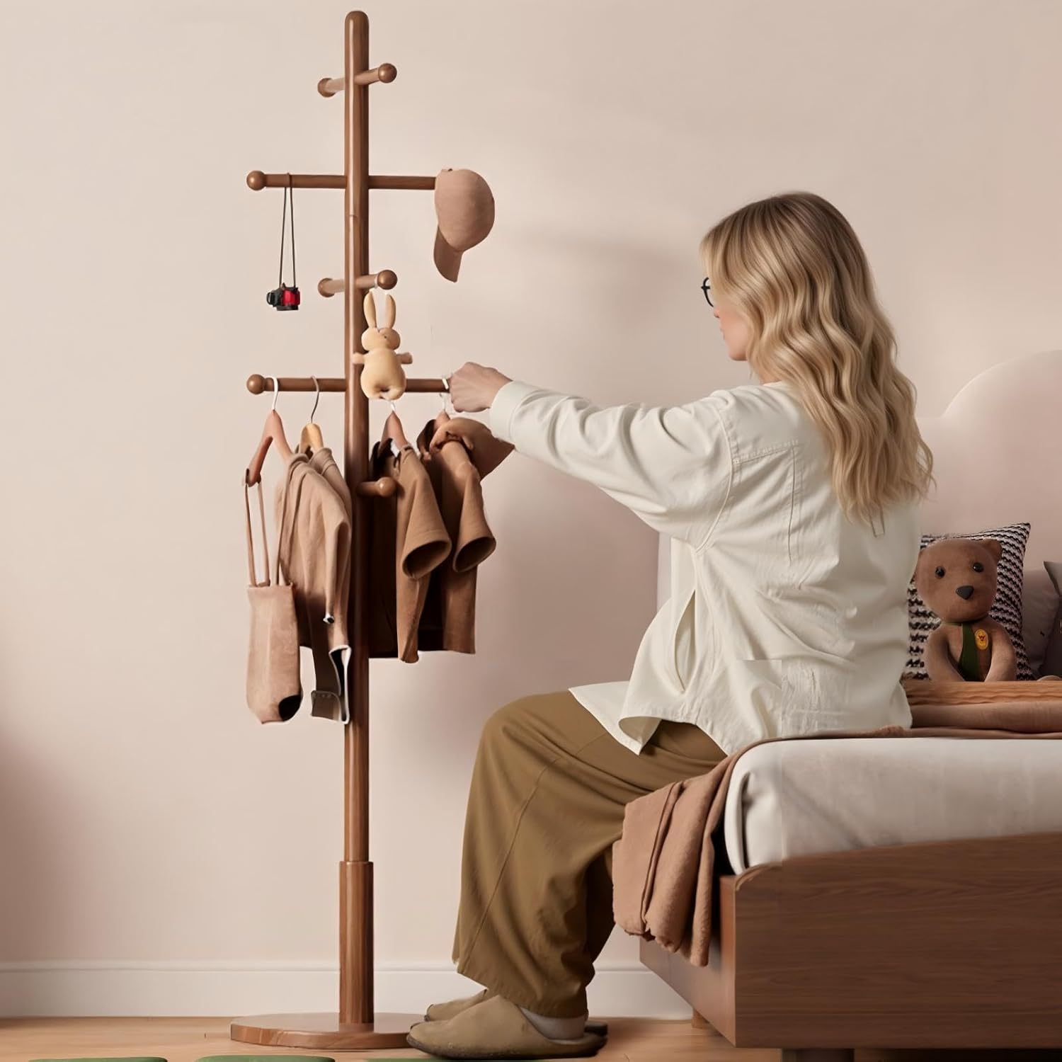 Solid Wood Coat Rack Freestanding with 10 Hooks, Coat tree freestanding 3 Adjustable Heights for coat, Hats, Handbags, Coat Stand for Entryway,Bedroom,office, Walnut