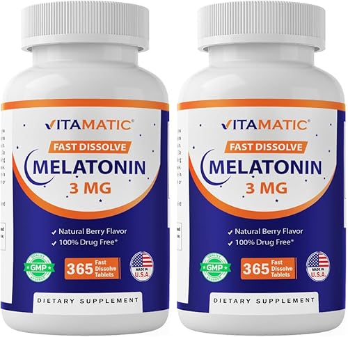 Vitamatic Tabletas de melatonina de 3 mg  Vegetariano, sin OMG, sin gluten  1 año de suministro  Sabor natural a bayas - 365 tabletas - Paquete de 2