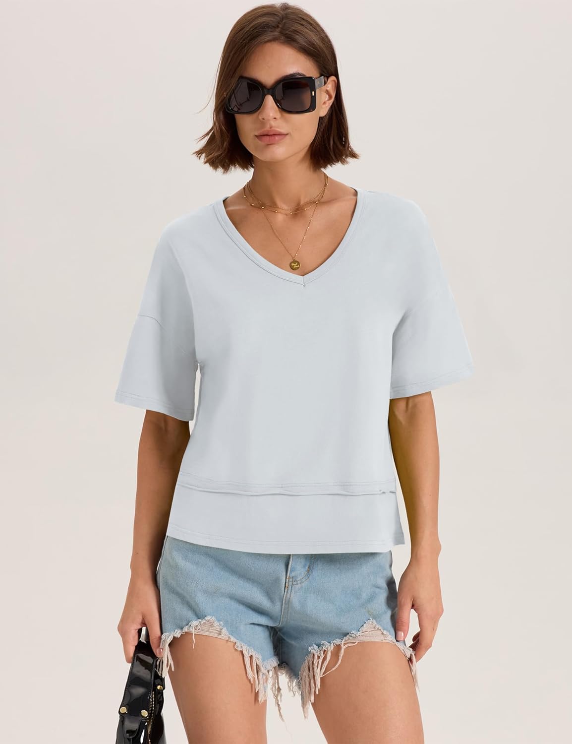 LOMON Womens V Neck Cotton T Shirts Summer Casual Cute Short Sleeve Flowy Fashion Tops Loose Fit Basic Tees - Image 6