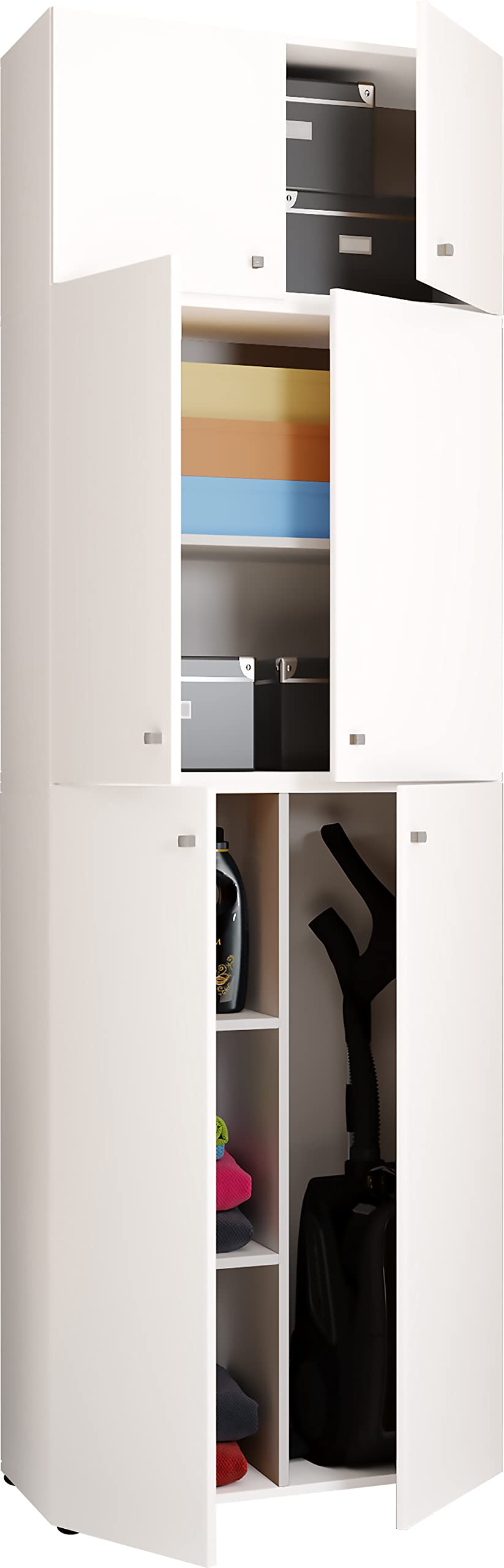VCM Holz Besenschrank | 6 Fächer | Maße: H. 223 x B. 70 x T. 39 cm | Haushaltsschrank | Mehrzweckschrank | Aufsatz mit Zwei Türen - Lona