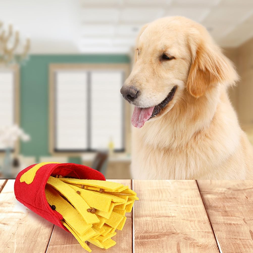TEHAUX French Fries Dog Snuffle Toy Slow Feeder Interactive Felt Squeaky Toy for Stress Relief Mental Stimulation Training 8.46X6.69X3.14In
