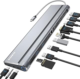USB C Docking Station Dual Monitor, USB C Dock with Dual HDMI,DP,VGA,Gigabit Ethernet, PD 3.0,USB A Ports,SD/TF Slots,3.5mm Audio,Power On/Off Button for Dell/HP/Lenovo/Type c Thunderbolt 3 Laptops