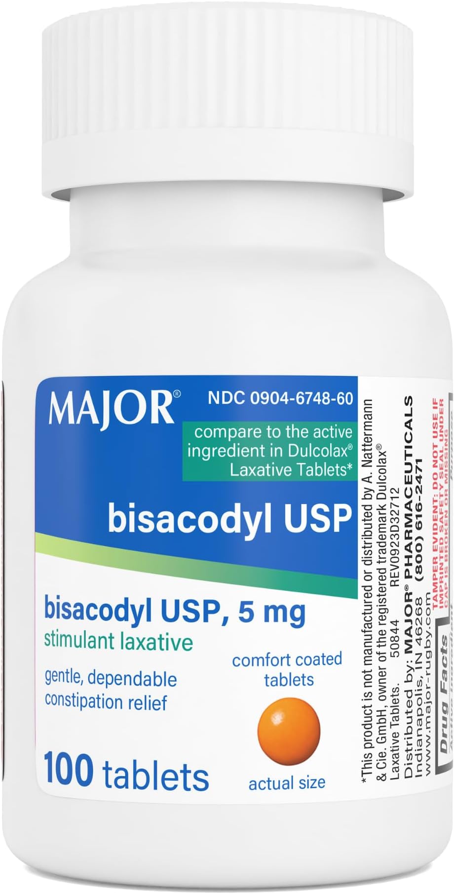 MAJOR Bisacodyl USP 5mg, Gentle Stimulant Laxative Tablets for Occasional Constipation Relief & Irregularity, 100 Count (1-Pack)