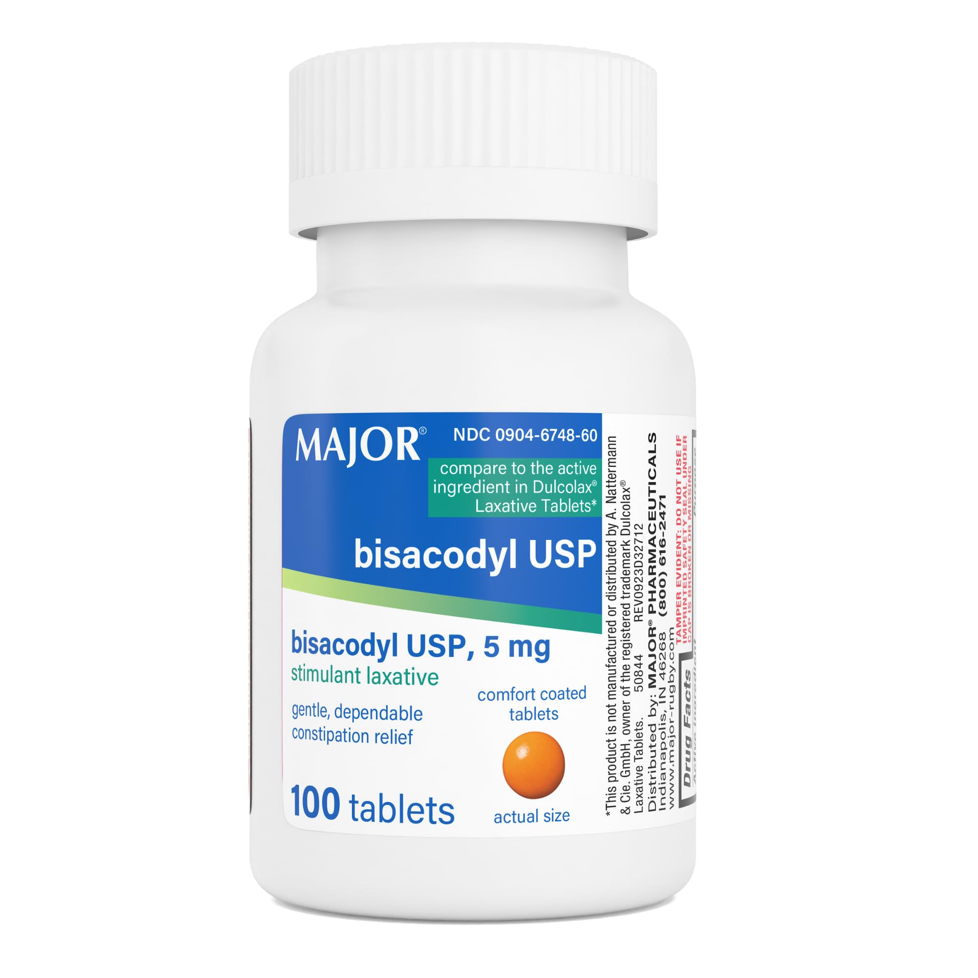 MAJOR Bisacodyl USP 5mg, Gentle Stimulant Laxative Tablets for Occasional Constipation Relief & Irregularity, 100 Count (1-Pack)