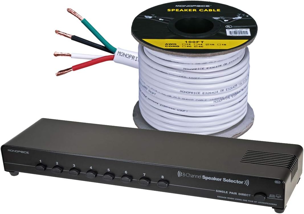 Monoprice 8 Channel Speaker Selector + 100 Feet 4 Conductor Speaker Wire / Cable 16 Gauge AWG, CL2 Rated : Electronics