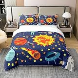 Solar System - Funda de edredón 100% algodón, funda de colcha del espacio exterior para decoración del hogar, sala de estar, juego de ropa de cama reversible de universo, planetas, galaxia roja y azu
