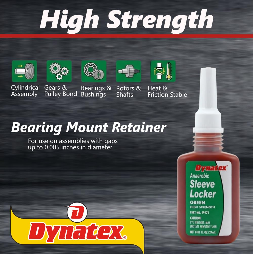 Dynatex 49472 Green High Strength Threadlocker, 24ml - Anaerobic Retaining Compounds, Low Viscosity Wicking Grade Compound, Prevents Loosening, Leak, Rust & Corrosion
