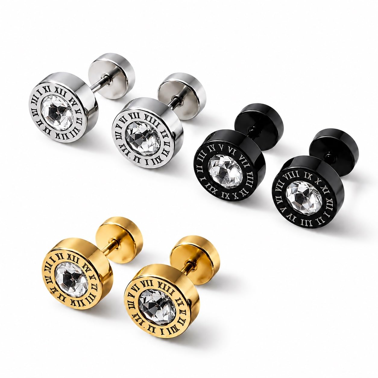1 Pair Roman Dial Golden,Silver & Black Plated Stud Earrings With Crystal Stone-image-29