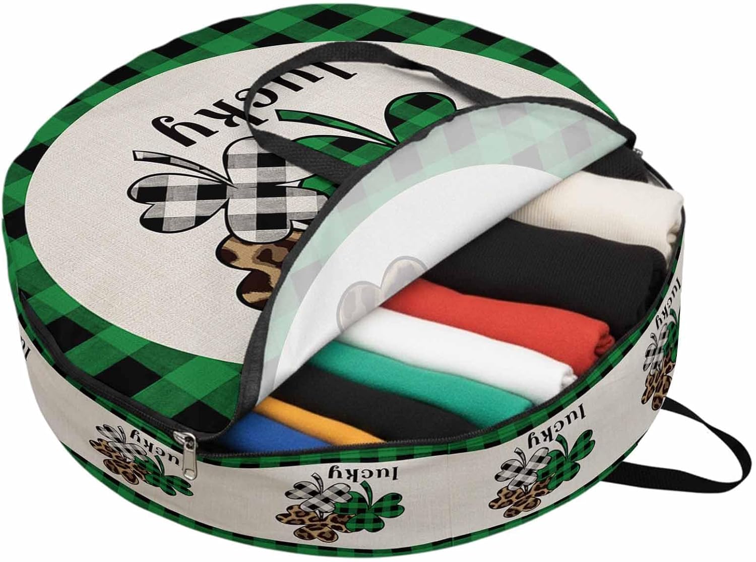 St. Patrick's Round Storage Bag 36 Inch, Day Lucky Clover Green Buffalo Plaid Clothes Storage Container with Handles Heavy Duty Organizer for Comforter, Bedding & Holiday Wreaths