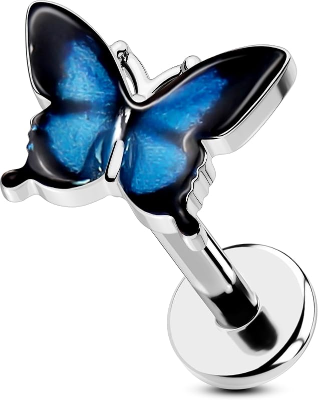 OUFER - Piercing para tragus de mariposa, 16 G, parte trasera plana, acero quirúrgico, rosca interna, labret, labio, 0.236 in, hélice, cartílago, tragus, caracola, pendientes curativos para mujer, color azul y rosa