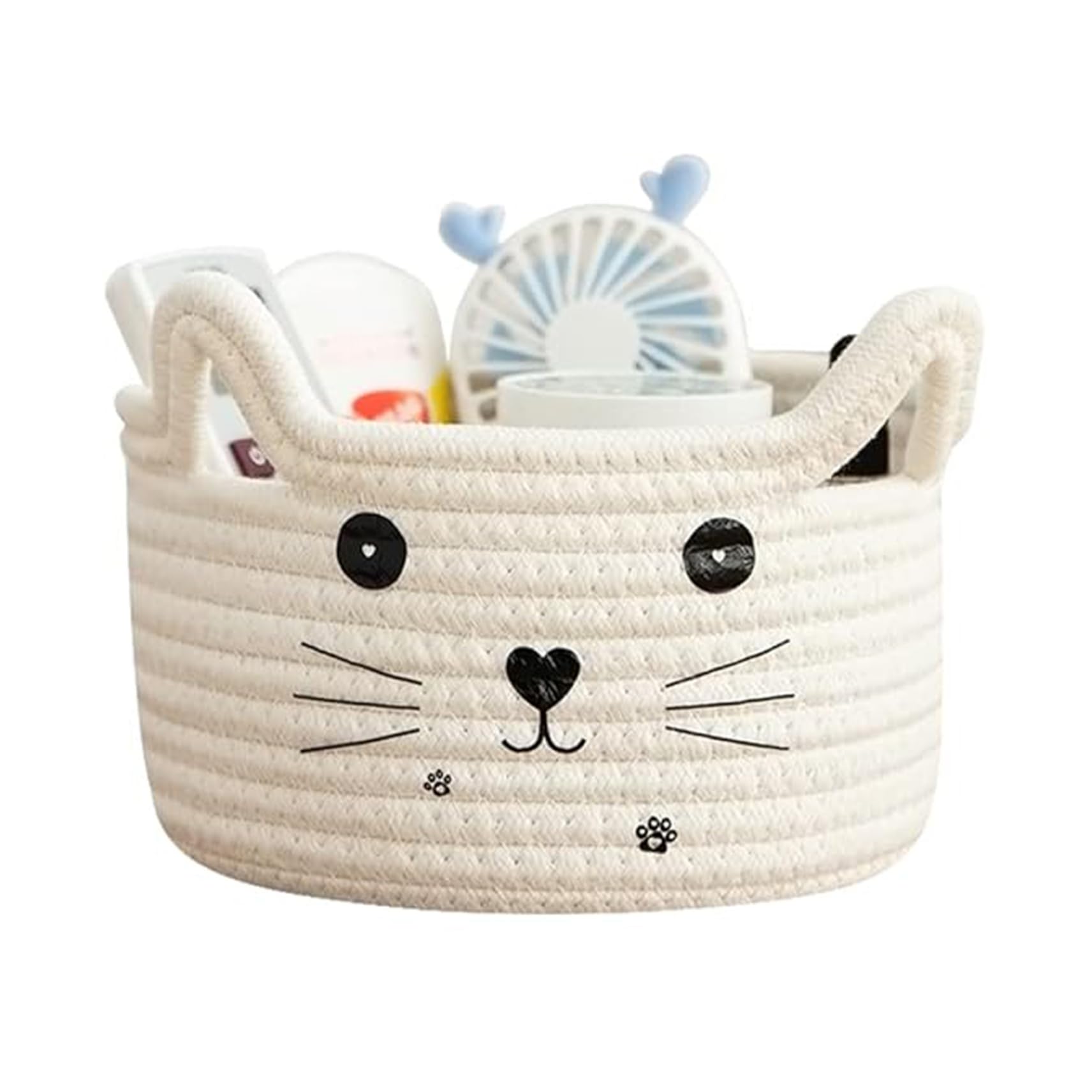 BEAHING Cute Cat Cotton Blanket Basket Foldable with Cat Ear Handles Large Capacity for Toys Makeup Keys
