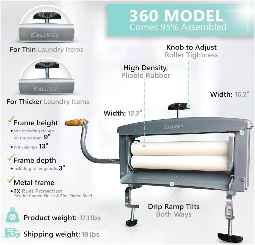 Northwood Calliger Clothes Wringer – Manual Laundry Wringer for Better Moisture Removal Than Portable Washers or Dryers – Heavy‑Duty Off‑Grid Washing Machine Alternative - Gray