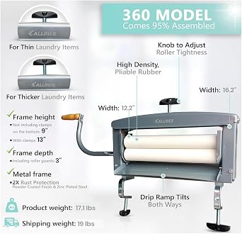 Northwood Calliger Clothes Wringer, Gray | Manual Laundry Wringer, Better Moisture Removal Than Portable Washers or Dryers, Heavy-Duty