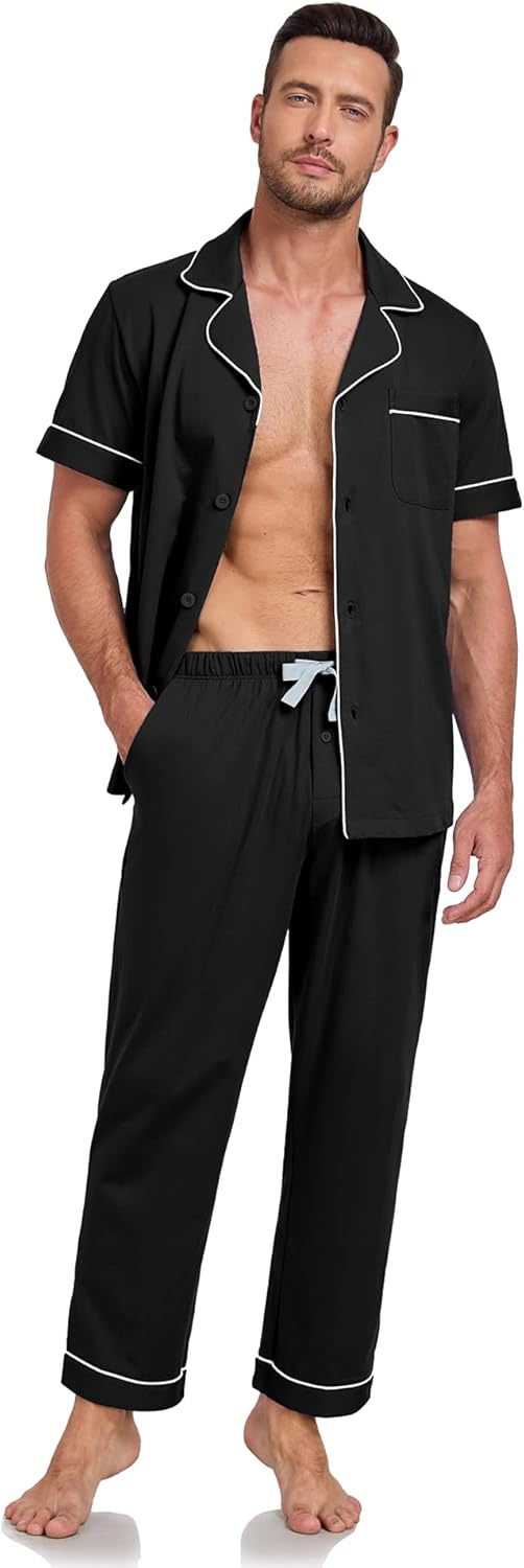 Mens Pajamas Set 100% Cotton Men's Short Sleeve Long Pants Sleepwear Soft Loungewear Button Down 2 Pieces Pjs Set - Image 6