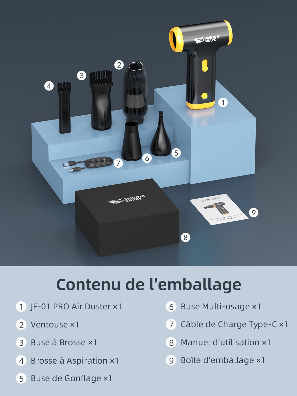 Smiling Shark Souffleur Air Comprimé, JF-01 PRO Vitesse Variable 130000TR/Min Dépoussiérant Puissants Électrique avec Lumières LED, Turbo Ventilateur Portable pour Cooling/PC/Clavier/Voiture