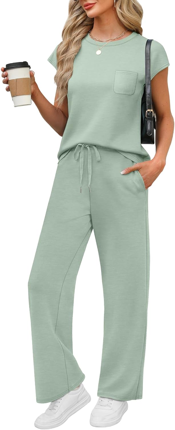 WIHOLL 2 Piece Sets for Women Casual Summer Travel Vacation Outfits Cap Sleeve Lounge Set