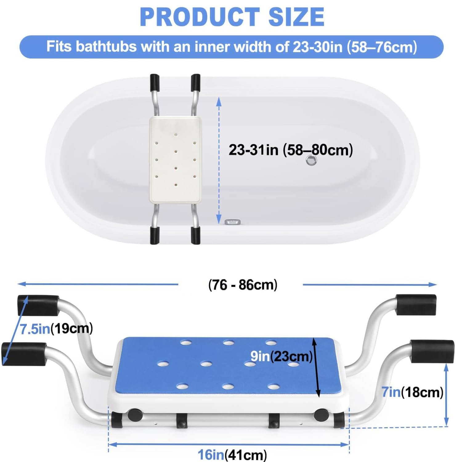 NEWFUN Siege Baignoire,Siège de Bain Suspendu Léger Blanc,Siège en Aluminium,Tabouret de Bain Adapté pour Différentes Tailles de Baignoires et Charge jusqu'à 136 kg,dim. 76-86 cm