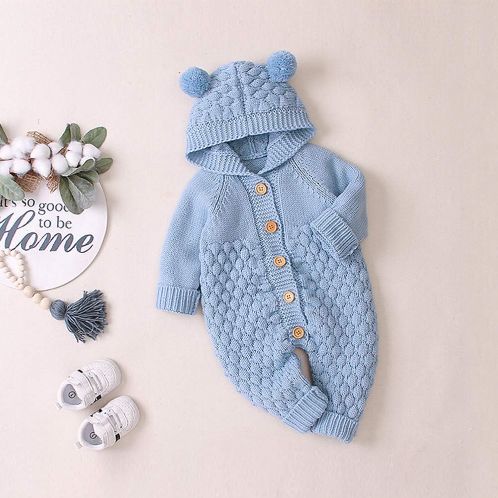 FYMNSI Newborn Baby Crochet Sweater Romper Bear Ears Hooded Bodysuit Jumpsuit Toddler Girls Boys Winter Outfit Warm Clothes