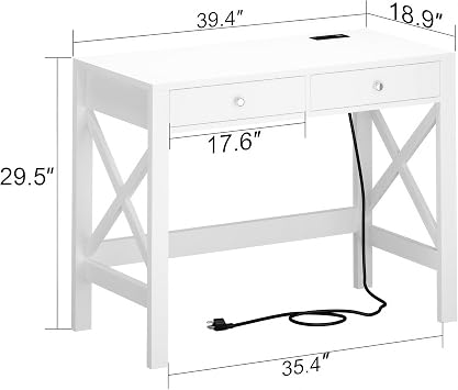 ChooChoo Computer Desk with USB Charging Ports and Power Outlets, Modern Simple 40 Inches Desk with Drawers, Makeup Vanity Console Table, White