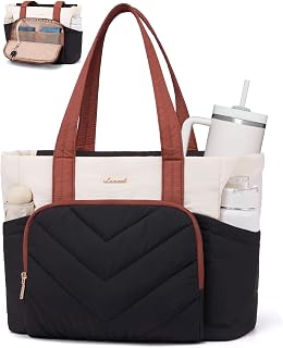 LOVEVOOK Shopper Tasche Handtasche Damen Groß, Leicht Puffer Arbeitstasche mit großem Wasserflaschenfach, 15,6 Zoll Laptoptasche Tote Bag, Lehrertasch Handbags Women für Uni Schule, Schwarz Weiß Braun
