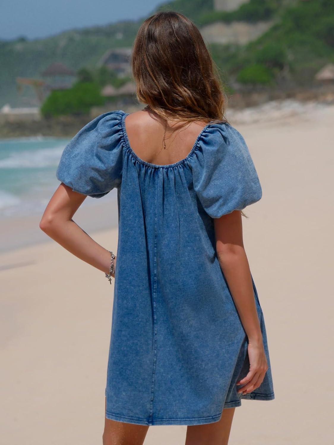 EXLURA Womens Summer Denim Short Puff Sleeve Dresses Knit Loose Plus Size Short Mini Dress 2026 Trendy Spring Outfits - Image 5