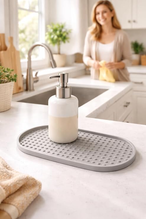 Busstier Silikon Yağdanlık ve Sıvı Sabunluk Altlığı 24x12 cm Kaymaz Isıya Dayanıklı Kolay Temizlenebilir Mutfak ve Banyo Tezgah Koruyucu Çok Amaçlı Şık Tasarım (Gri)