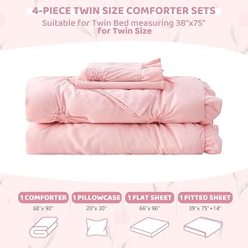 Twin Comforter Set for Girls, Boho Pintuck Bedding Comforter Sets, 4 Pieces Ruffles Jacquard Embroidery Twin Bedding Sets with Comforter, Fitted Sheet, Flat Sheet and Pillowcase, Pink