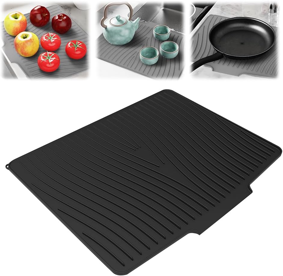 2026 Upgrade Silicone Dish Drying Mat for Kitchen Counter, Extra Large Dish Drying Pad, Heat & Water Resistant Silicone Dish Drying Mats with Drain Lip for Drying Dishes Rack (Black, 40*33cm)