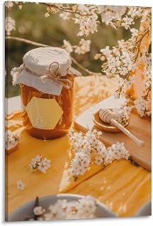White Blossoms With Honey Jar On Yellow Cloth Nature Canvas Poster Wall Decor For Living Room Bedroom Aesthetic Cozy Charming Accent12x18inch(30x45cm) Frame