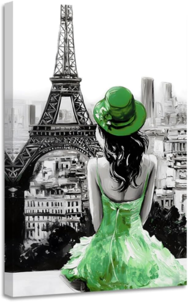 CGXLB Eiffel Tower Canvas Wall Art Paris Pictures Black and White Eiffel Tower Painting Girl Decor Framed for Bathroom Living Room Bedroom 12"x18"