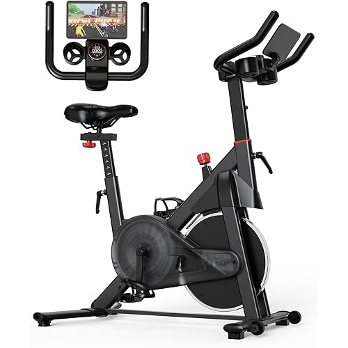 Superun Exercise Bike, Stationary Bikes for Home with Brake Pad, Low Noise Spin Bike with 300LBS Weight Capacity, Indoor Cycling for Home Gym with Pad Mount LCD Monitor and Cup Holder