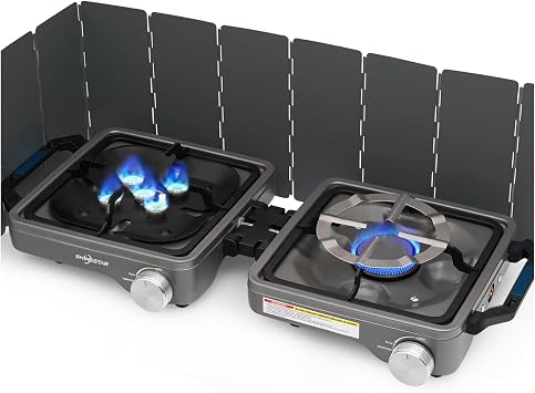 SHINESTAR 2 Burner Camping Stove, 24000 BTU Portable Propane Camp Stove with Brass Burner, Foldable Gas Stove with Windshield & Coffee Stand, Camping Essentials for Outdoor Cooking, or Emergencies