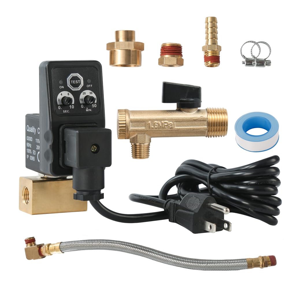 Automatic Electronic Tank Drain Kit, 1/4" NPT Timer Operated Compressor Air Drain Valves with 1/4" flexible Braided Steel Tube and Ball Valve Strainer