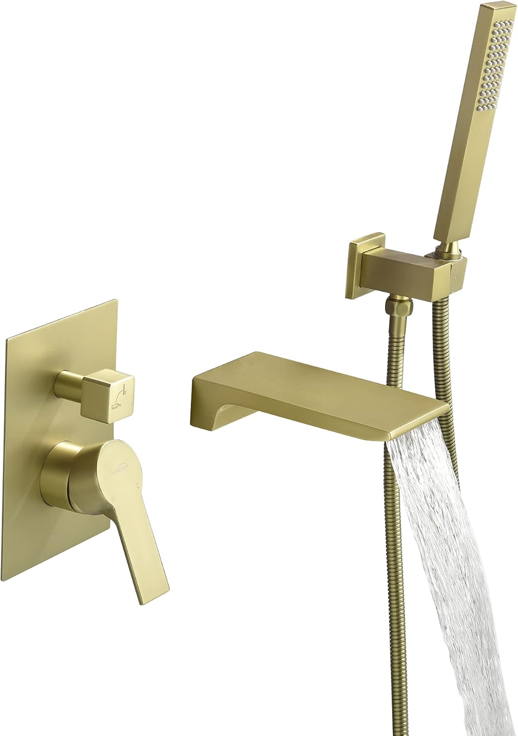 SHAMANDA Waterfall Wall Mounted Bathtub Faucet with Hand Shower, Bathroom Single Handle Tub Faucet Modern Brass Tub Shower Faucet Set(Including Rough-In Valve Body and Trim), Brushed Gold, L901-3