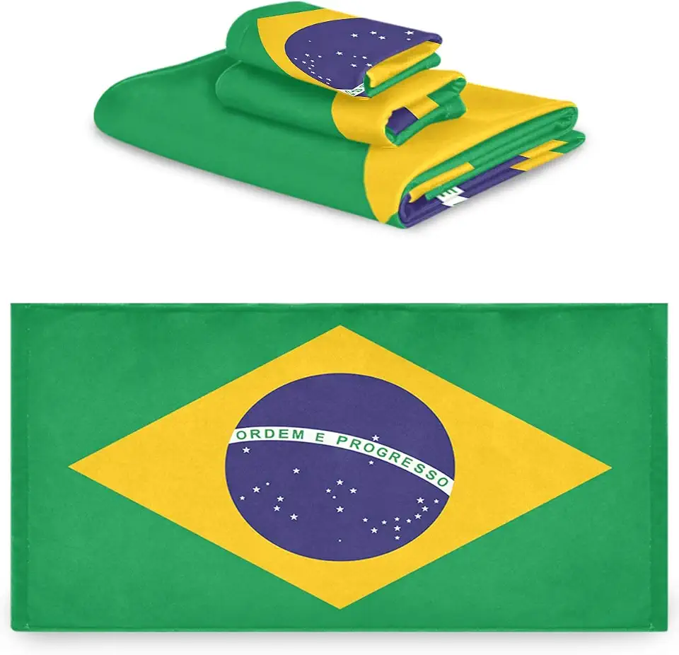 Naanle Conjunto de 3 toalhas decorativas de luxo com estampa de bandeira do Brasil, 1 toalha de banho + 1 toalha de mão + 1 toalha, multiuso para banheiro, hotel, academia, spa e cozinha