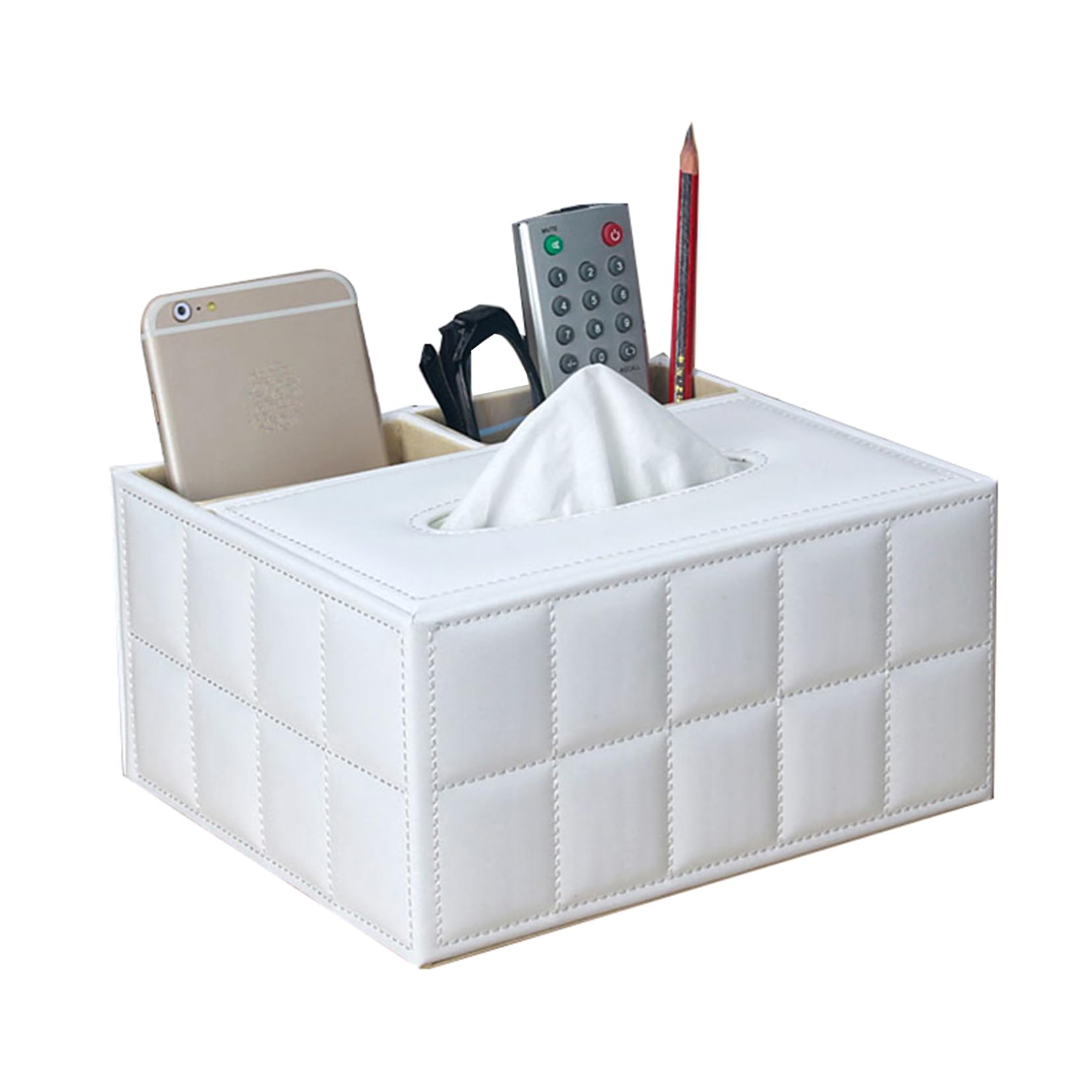 Scatola Portafazzoletti Multifunzione In Pelle PU - Organizer Con Scomparto Per Telecomando, Penne E Cancelleria, Per Casa E Ufficio, Bianco