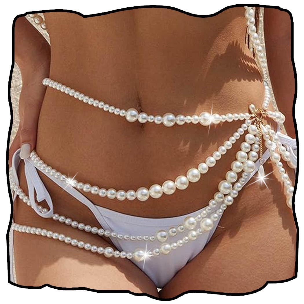 1 Pcs Premium white Pearl Waist Chain Layered Belly Body Chains Bikini Belly Chain Beach Rave Party Body Accessories for Women and Girls Pearl