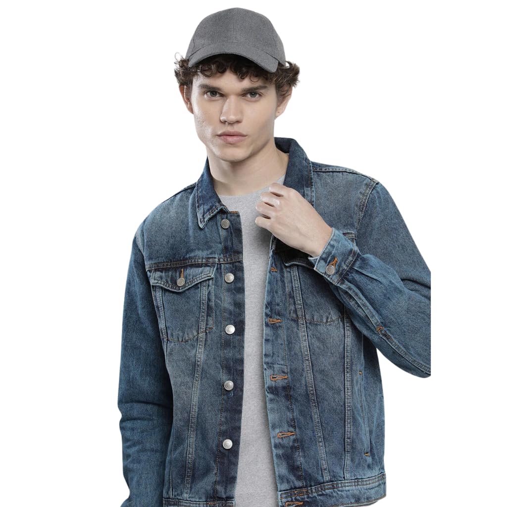 the indian garage co Men Blue Slim Fit Solid Denim Trucker Jacket-picture-15
