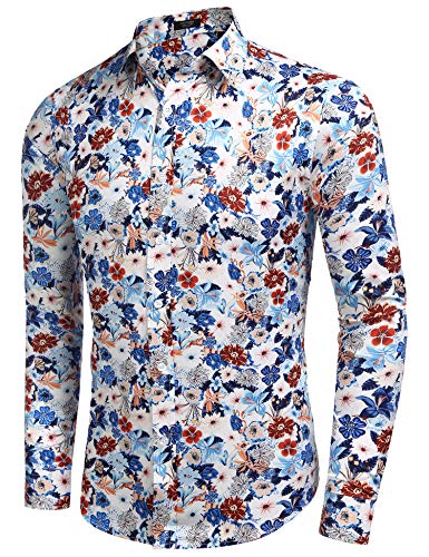 Coofandy Men's Floral Button Down Shirt Long Sleeve Flower Printed Dress Shirts Tropical Hawaiian Beach Shirts #TOP3
