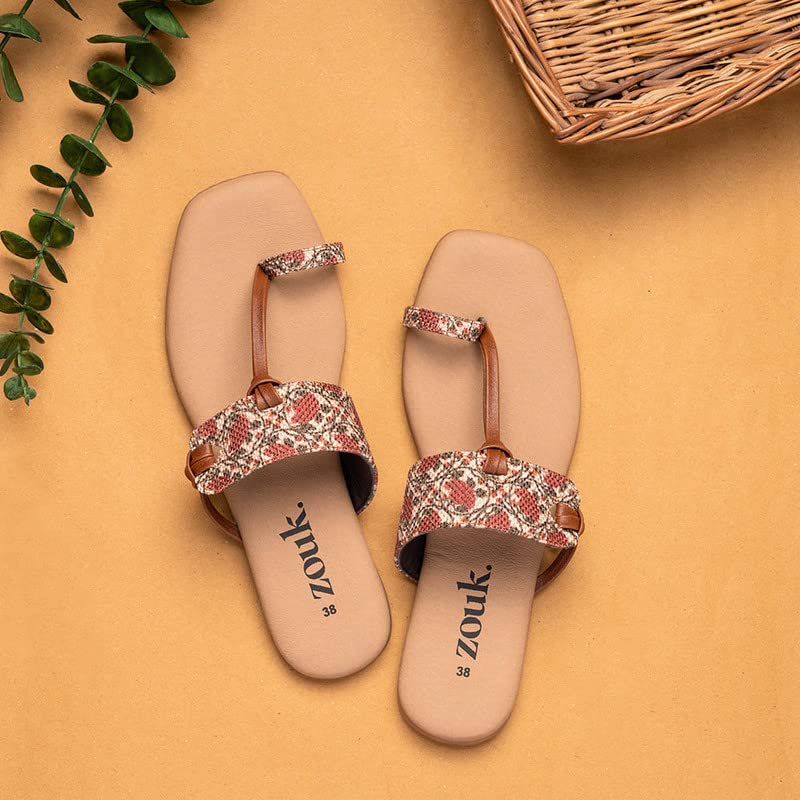 Image of ZOUK Auroville Botanica Women's Chappals Brown and Beige Flat Sandal
