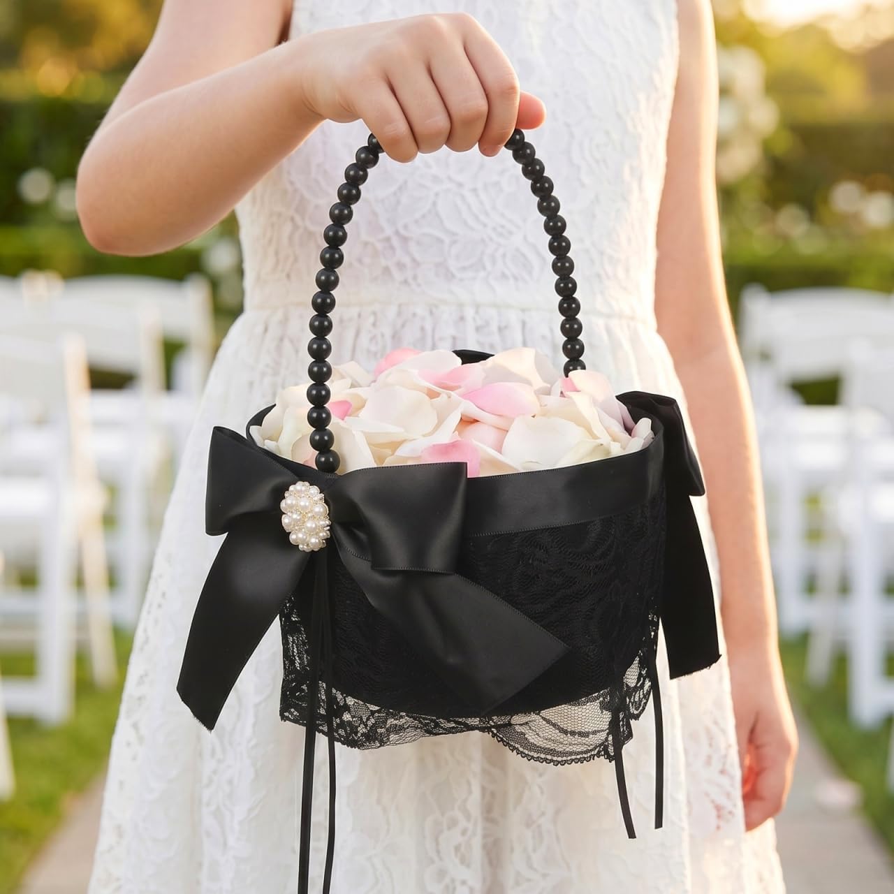ABOOFAN Black Flower Girl Basket with Pearl Handle and Bow, Gothic Satin Lace Petal Basket for Wedding Ceremony, Bridal Party, Halloween and Home Decor