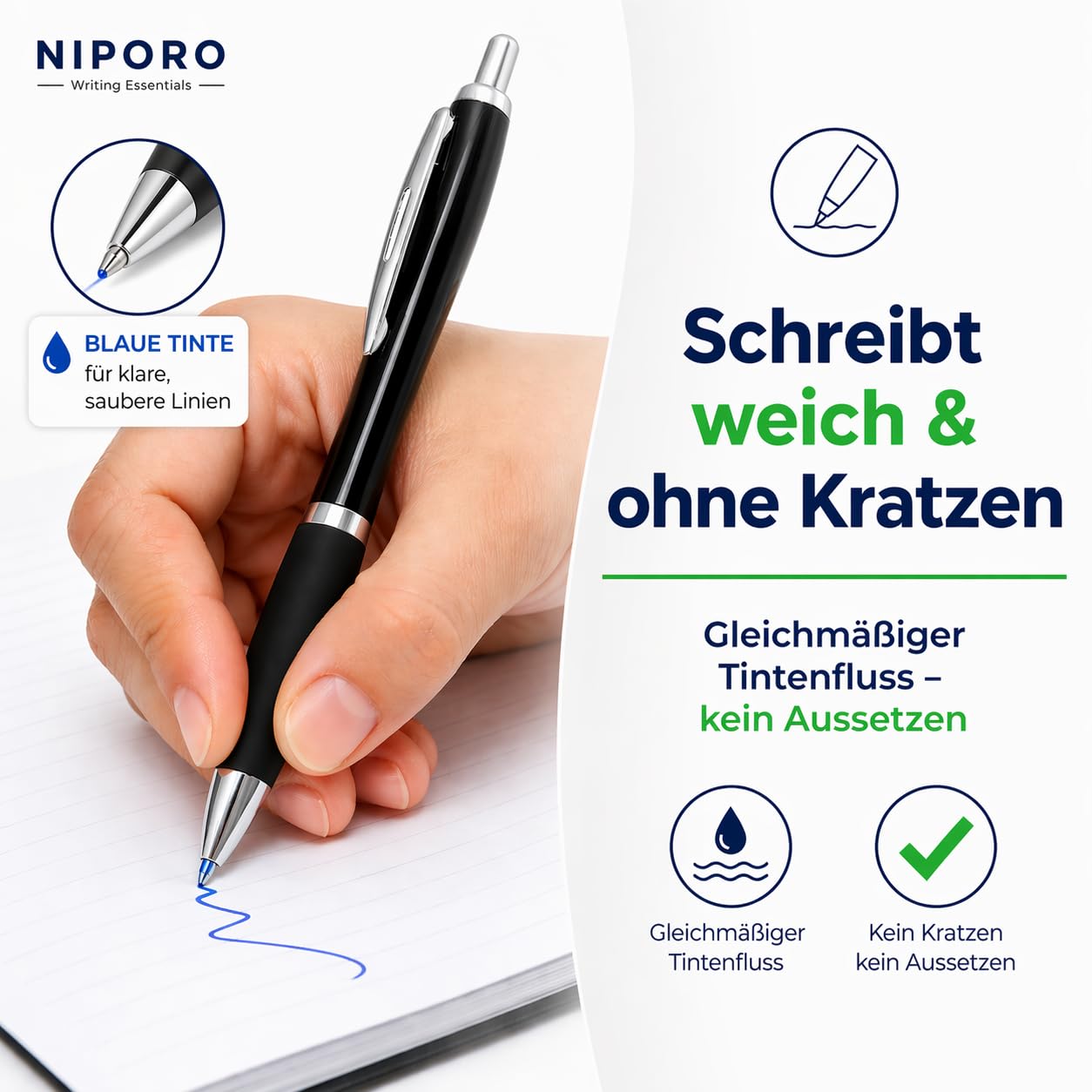 100 Kugelschreiber Blau oder Schwarz – alle mit blauer Tinte - Kugelschreiber Set weich schreibend, gleichmäßiger Tintenfluss, Soft-Grip – Vorratspack für Büro, Schule und Teams (100, Schwarz)
