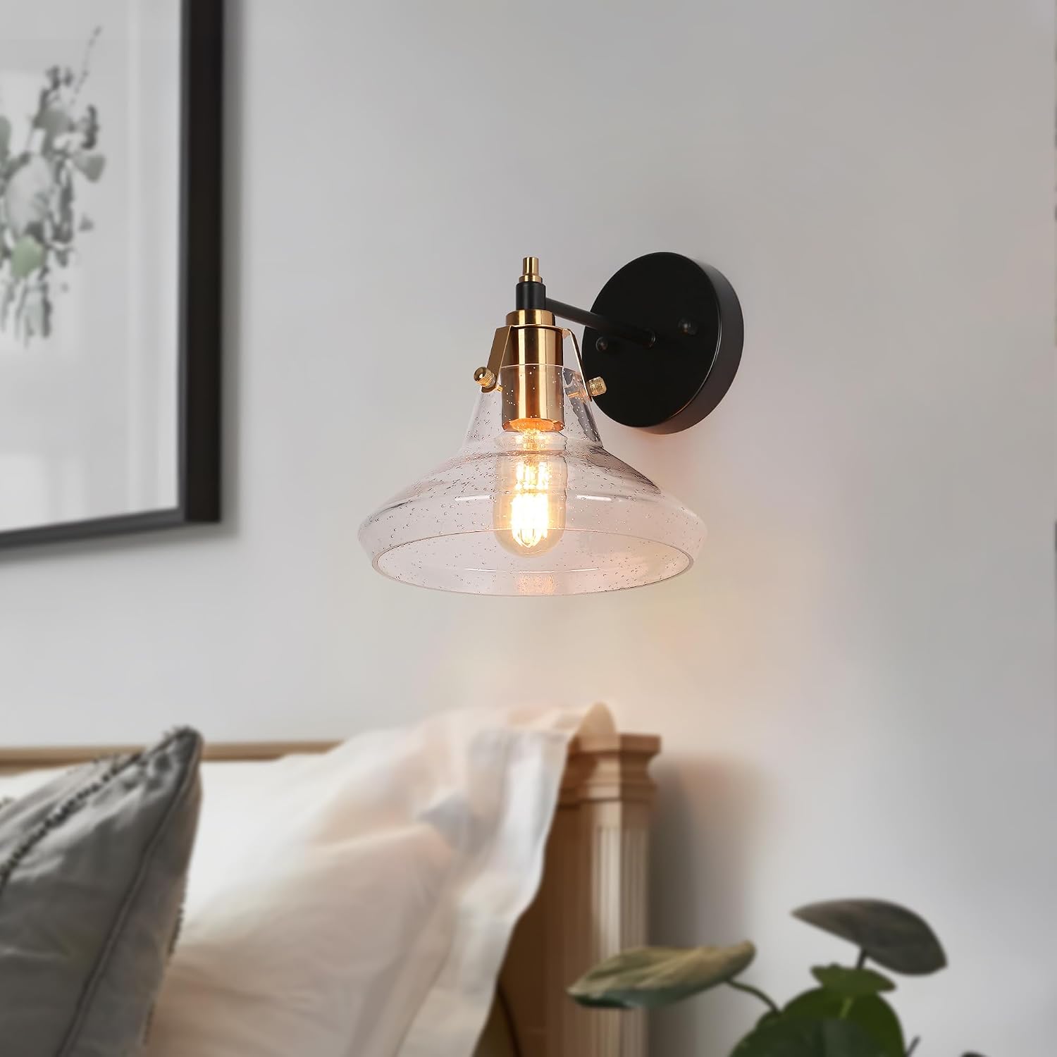 KSANA Black and Gold Sconce, Modern Wall Lighting with Seeded Glass Shade and Brass Accent for Bathroom Vanity, Bedroom, Hallway and Living Room
