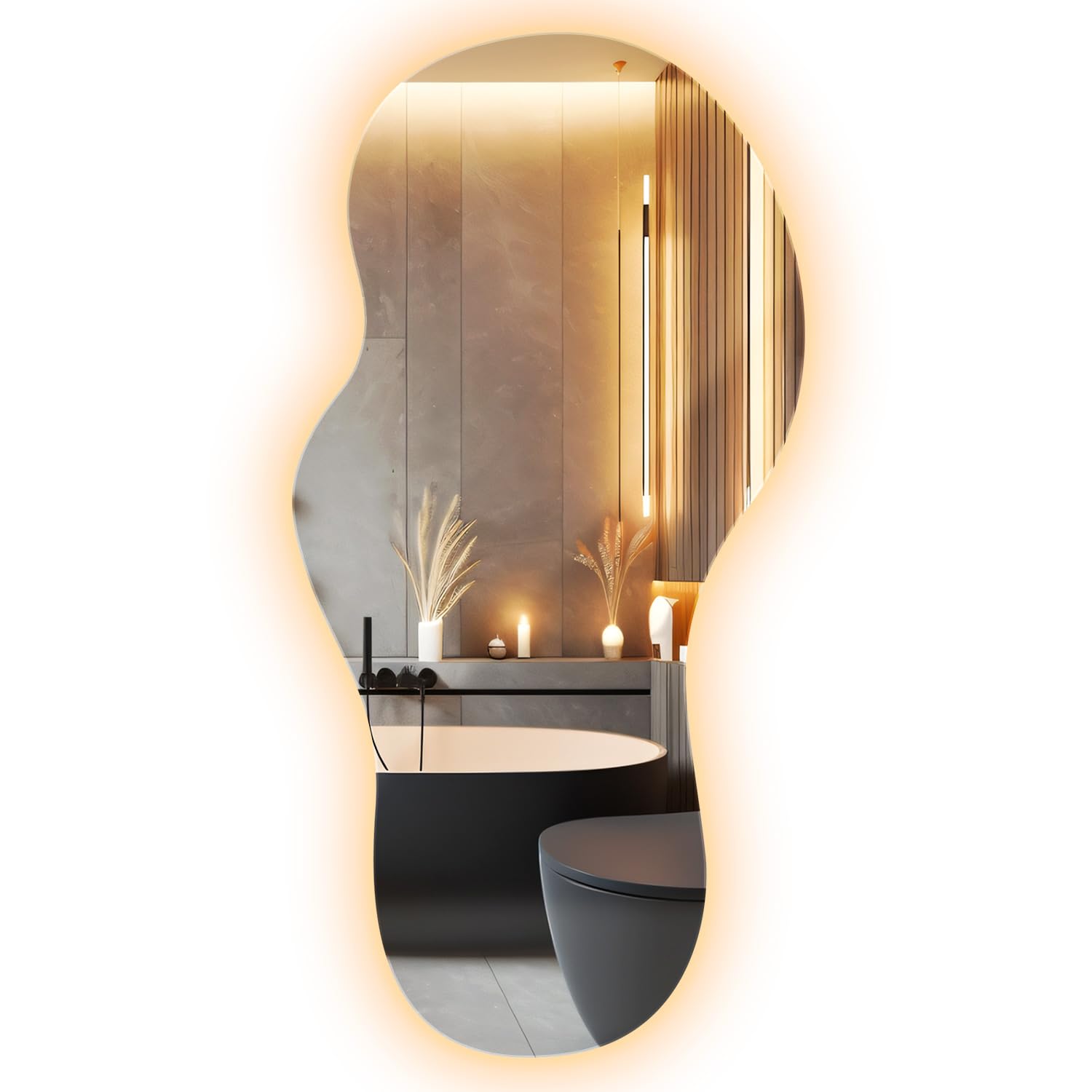 Specchio da Parete Ondulato 40x80 cm | con Luce LED Bianco Caldo | Forma Irregolare e Organica | Design Moderno | Oggetto Decorativo per Pareti | Montaggio Orizzontale o Verticale