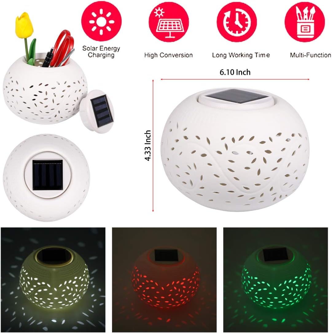Solar Table Lamp, Waterproof Wireless Color Changing Ceramic Patio Lights, Garden Lights, Filigree Lights, for Home Party Yard Patio Outdoor Indoor Decoration Night Lamp(Big) - - 